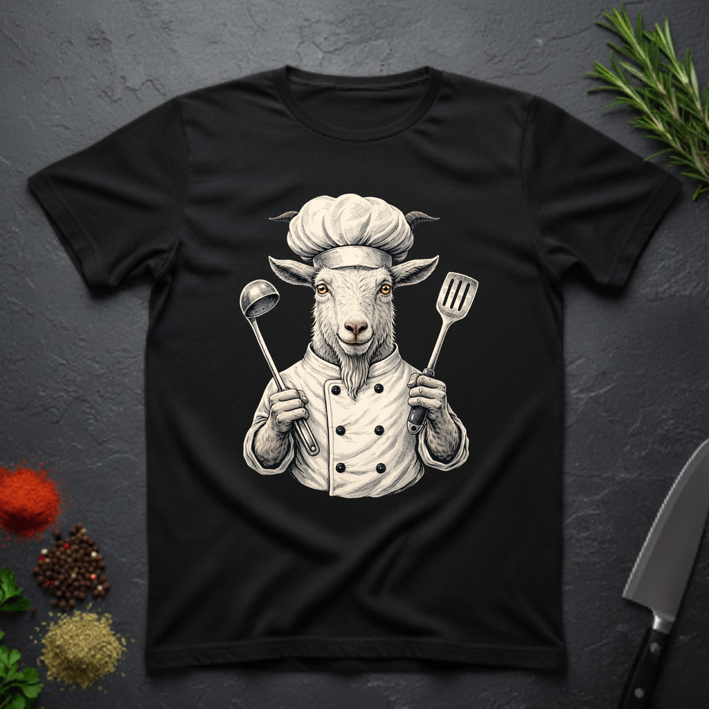 Black t-shirt with a graphic of a chef goat holding cooking utensils on a dark surface.