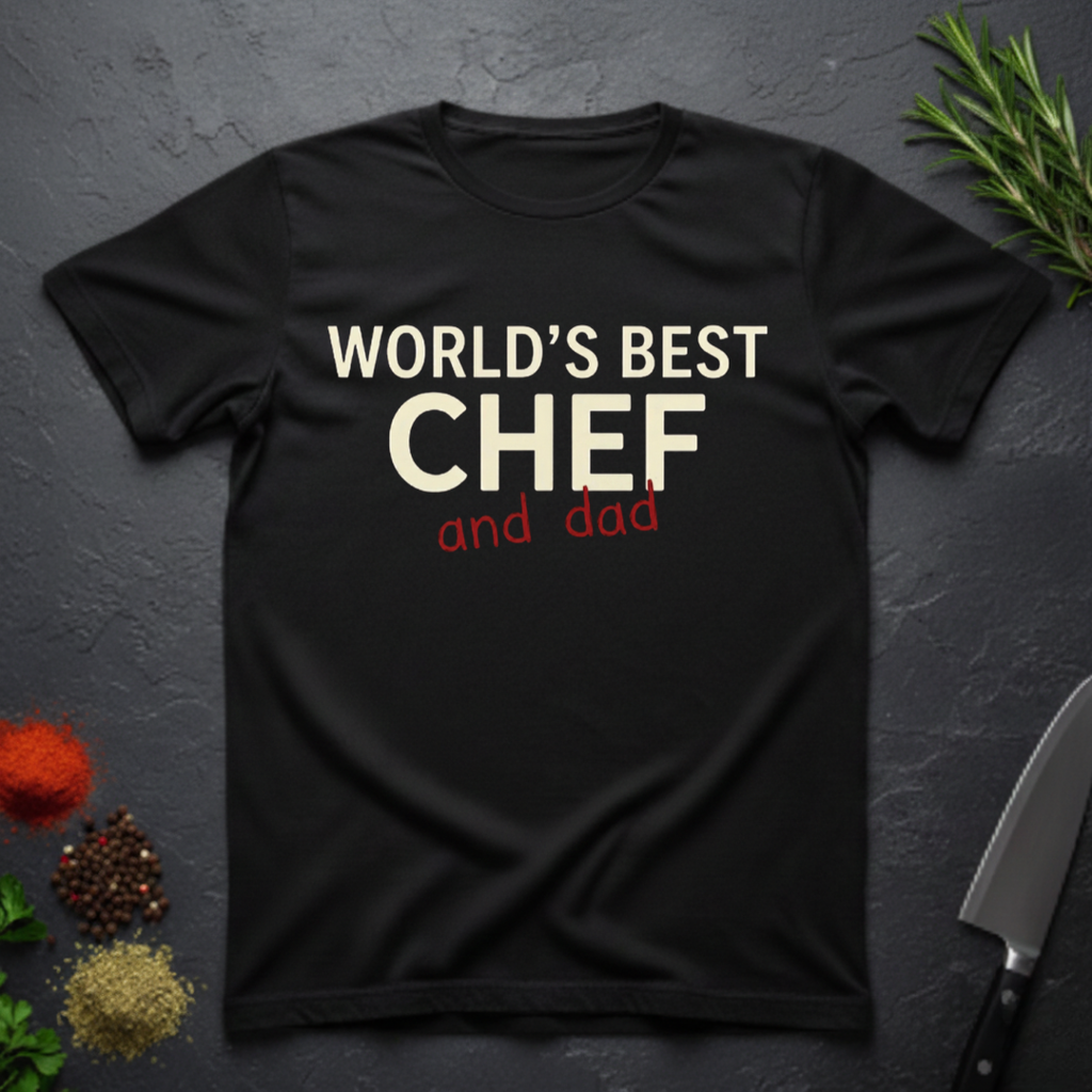 Black t-shirt with 'World's Best Chef - and Dad' text on a dark surface with kitchen items.