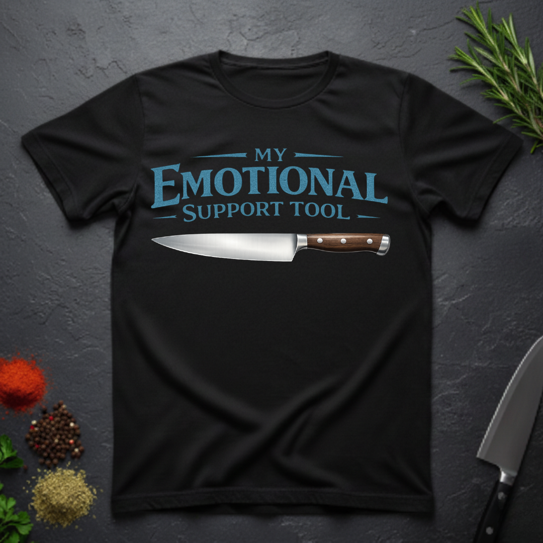 Black t-shirt with a knife graphic and teal text "My Emotional Support Tool" on a dark surface.