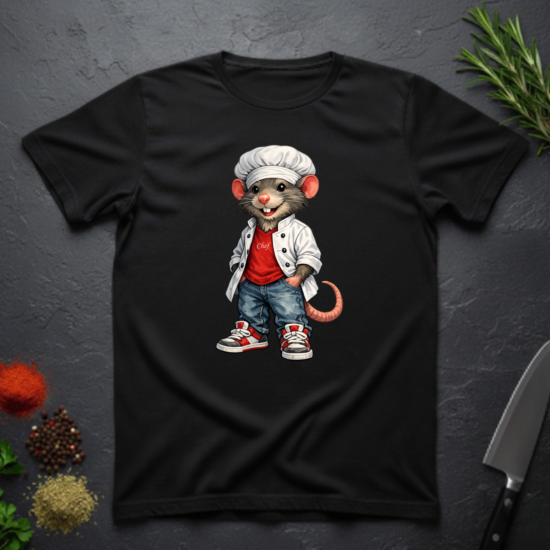 Black t-shirt with a cartoon mouse chef design on a dark textured background