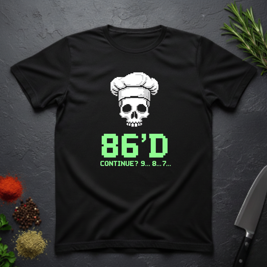 Black t-shirt with a skull wearing a chef's hat and text "86'd Continue? 9...8....7..." on a dark surface.