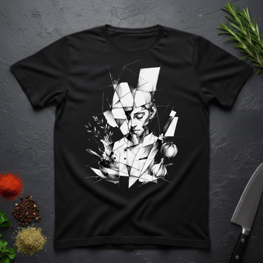 Black t-shirt with white geometric art of a chef with knife and ingredients.
