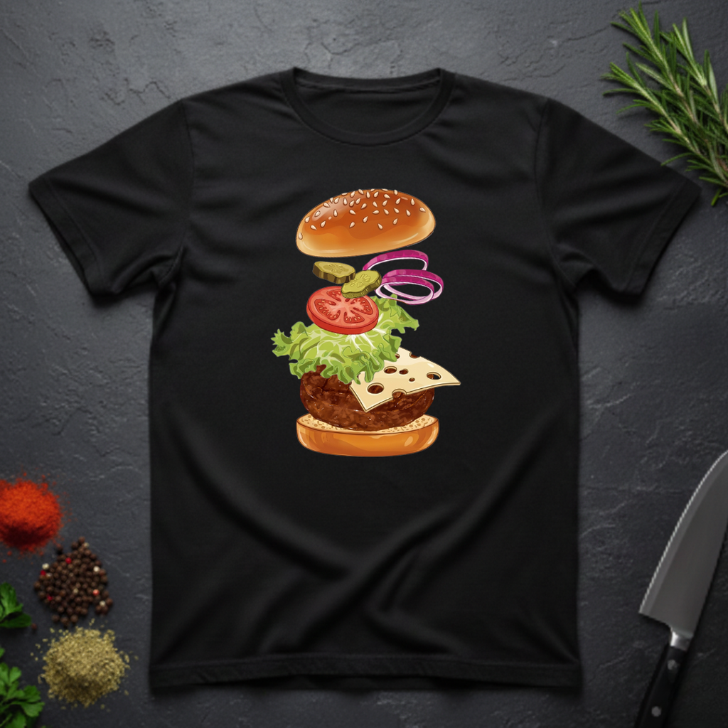 Black t-shirt with a colorful stacked burger ingredients graphic on a dark surface.