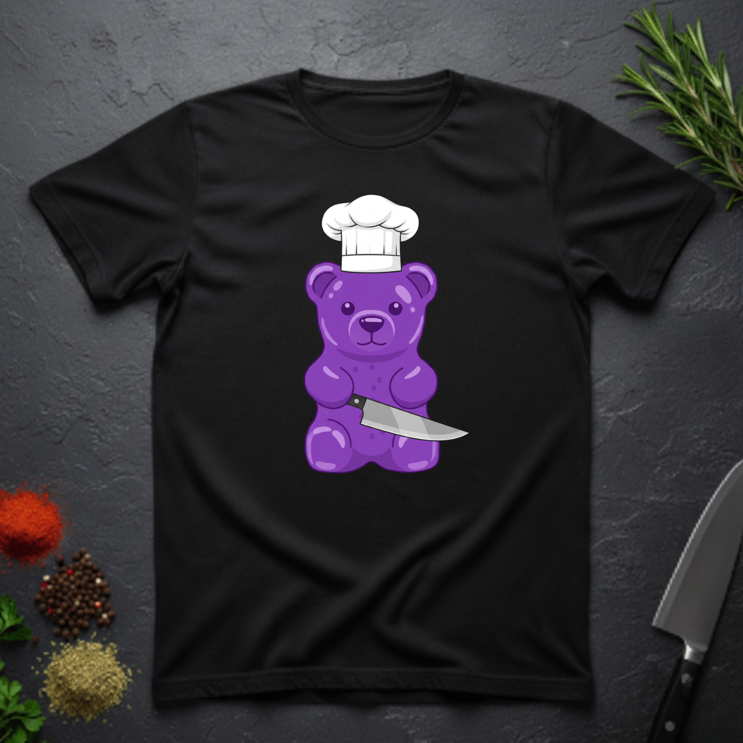 Black t-shirt with a purple gummy bear wearing a chef's hat and holding a knife on a dark surface.