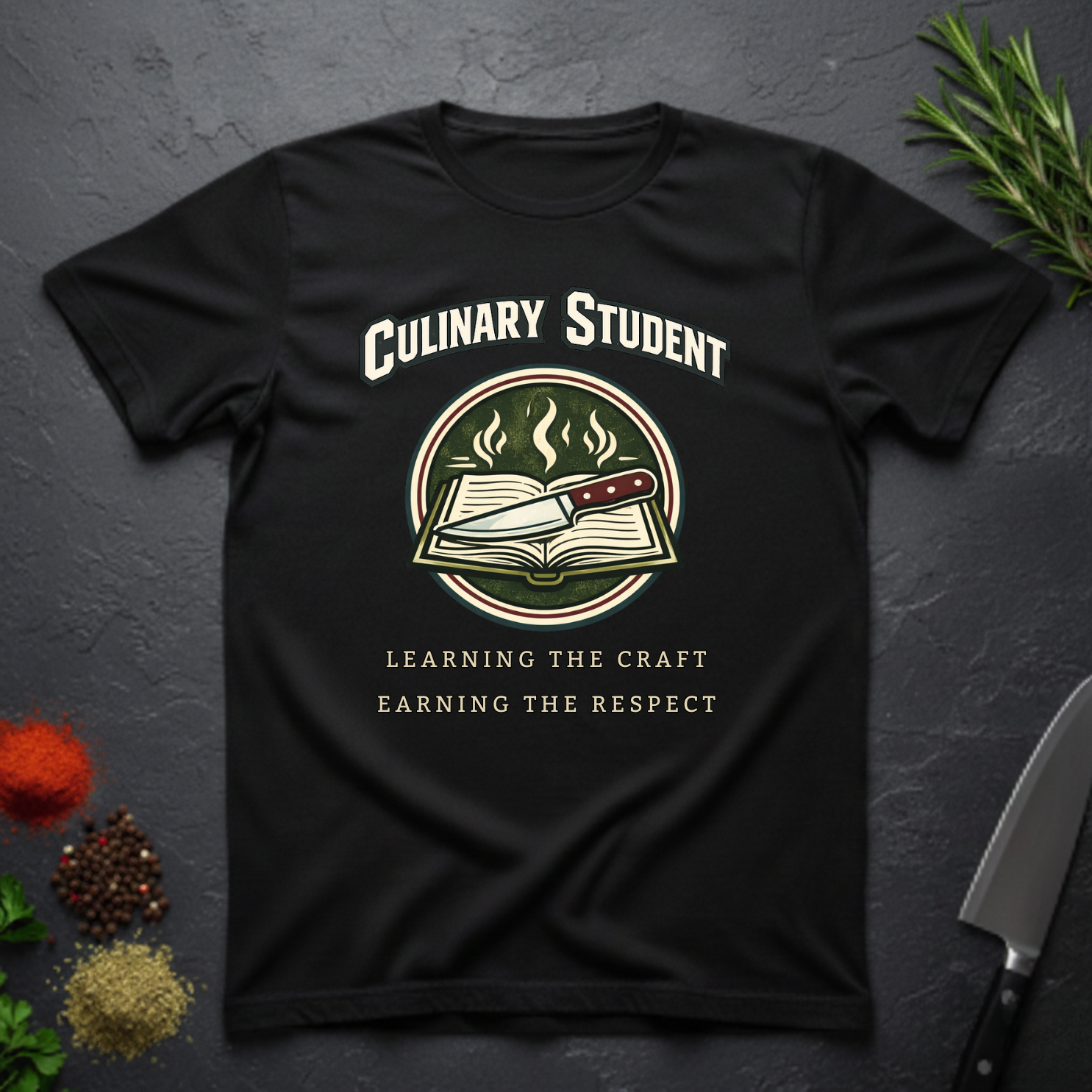 Black t-shirt with 'Culinary Student' design on a dark surface with kitchen items.