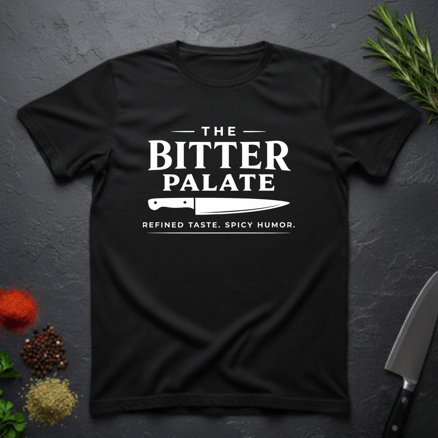 Black t-shirt with 'The Bitter Palate' logo on a dark surface with kitchen items.