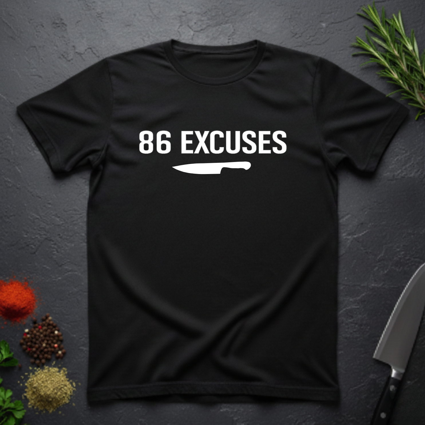Black t-shirt with '86 Excuses' and a knife graphic on a dark surface with decorative elements.
