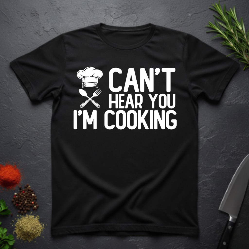 Black t-shirt with 'Can't Hear You I'm Cooking' text on a dark surface with kitchen items.