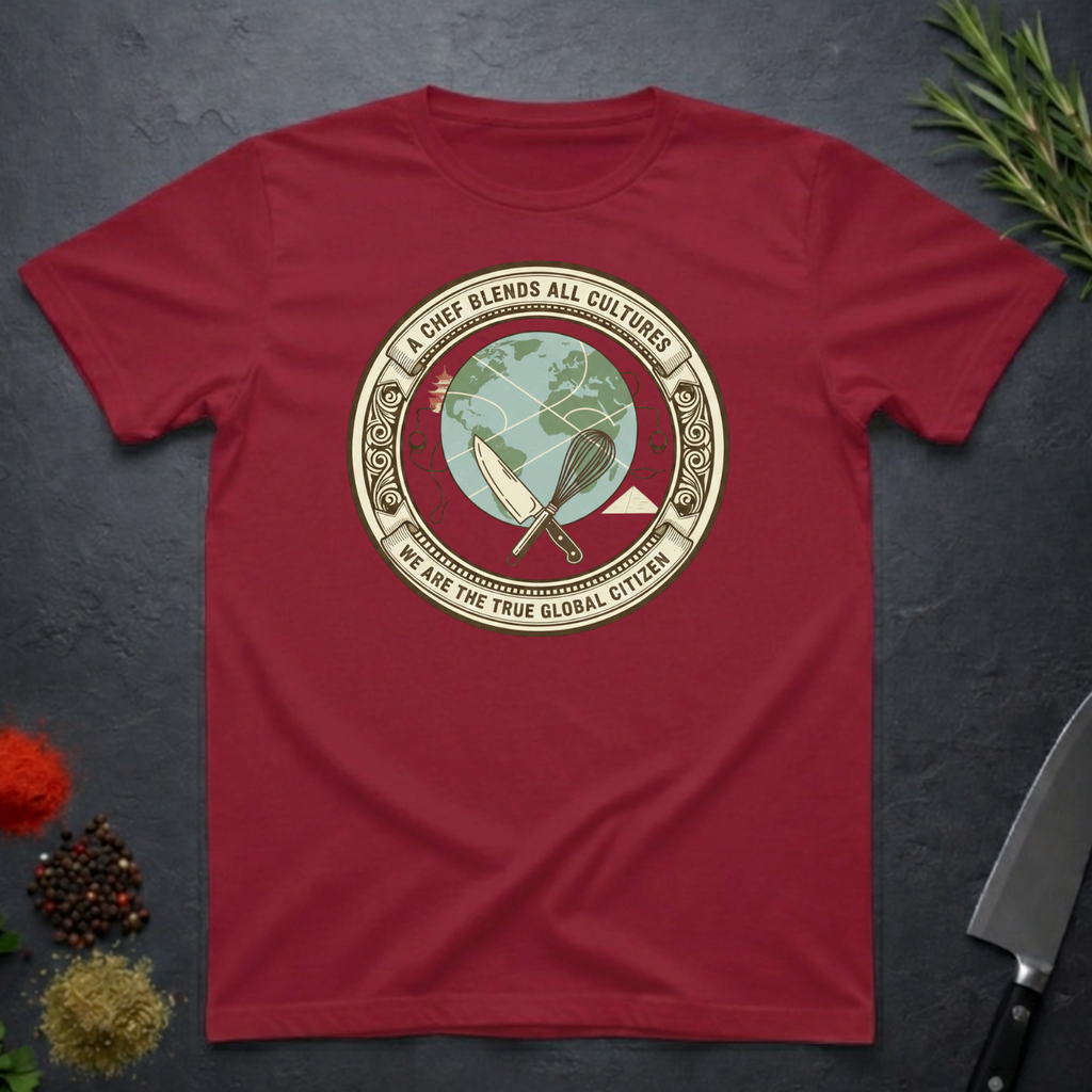 Cardinal Red t-shirt with circular graphic of a globe and text "A Chef Blends All Cultures" on a dark surface.