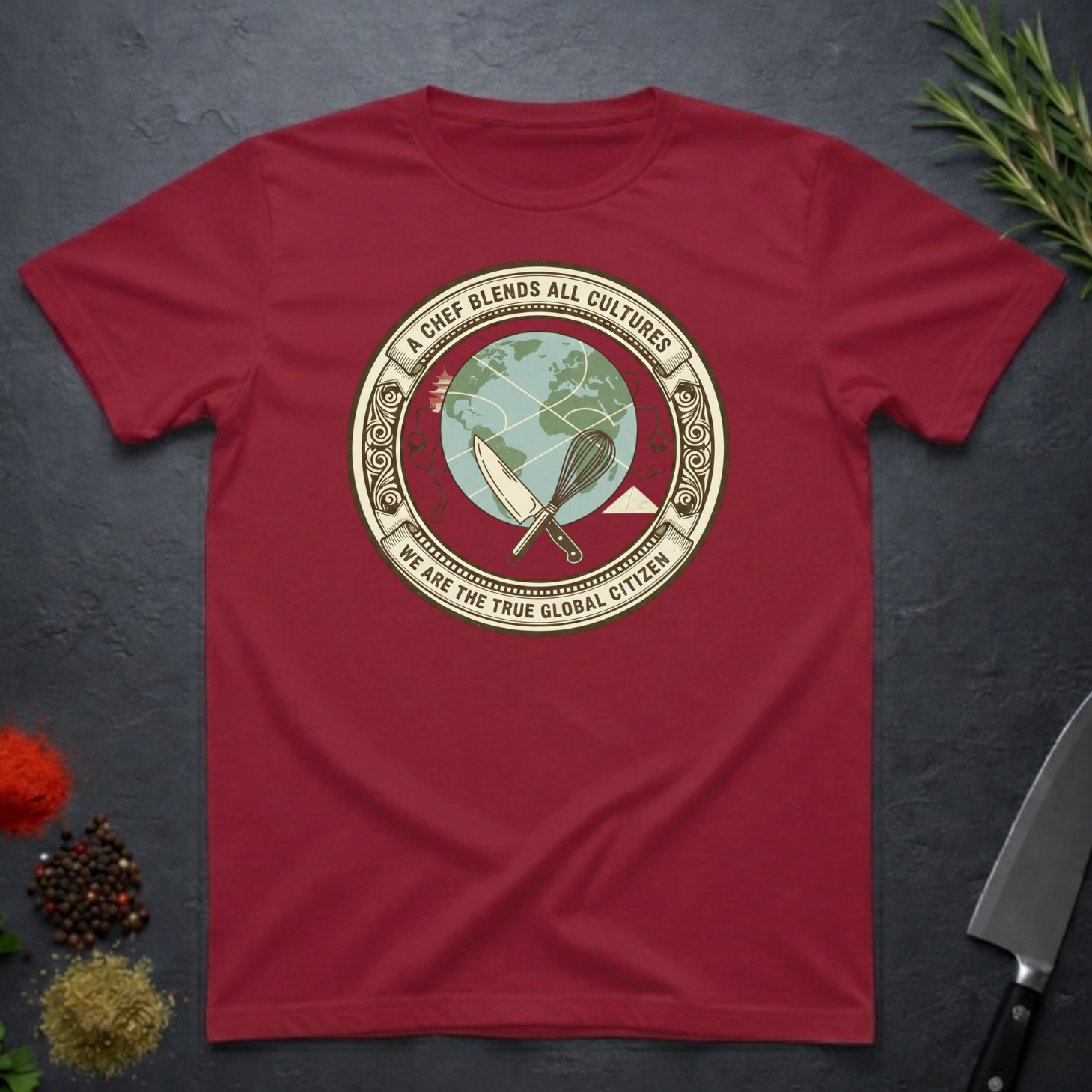 Cardinal Red t-shirt with circular graphic of a globe and text "A Chef Blends All Cultures" on a dark surface.