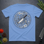 Carolina blue t-shirt with a circular floral and knife design on a dark surface.