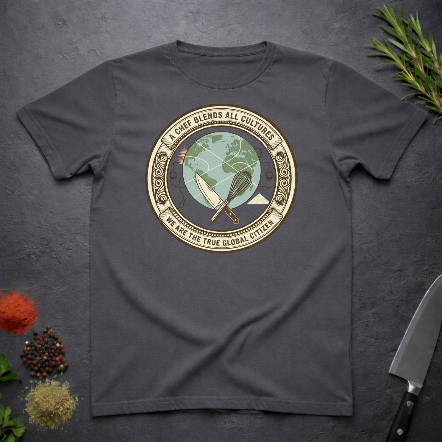 Charcoal grey t-shirt with circular graphic of a globe and text "A Chef Blends All Cultures" on a dark surface.