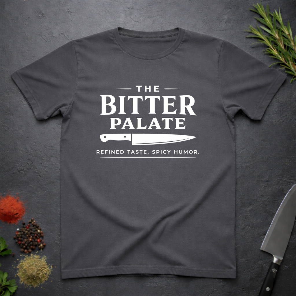 Charcoal grey t-shirt with 'The Bitter Palate' logo on a dark surface with kitchen items.