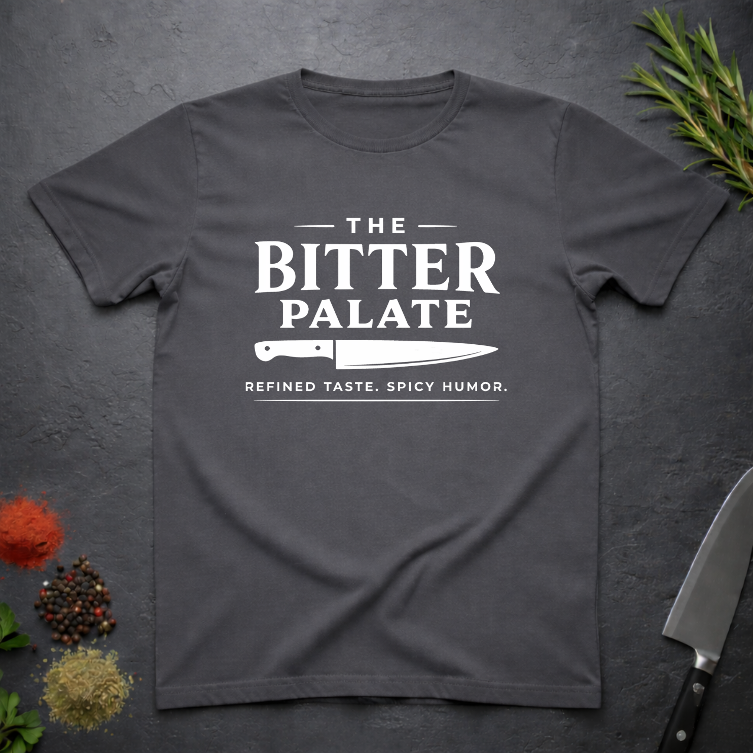 Charcoal grey t-shirt with 'The Bitter Palate' logo on a dark surface with kitchen items.