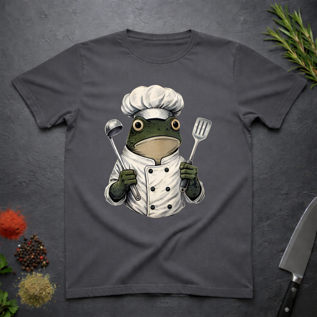 Charcoal grey t-shirt with a frog chef holding utensils design on a dark surface. 