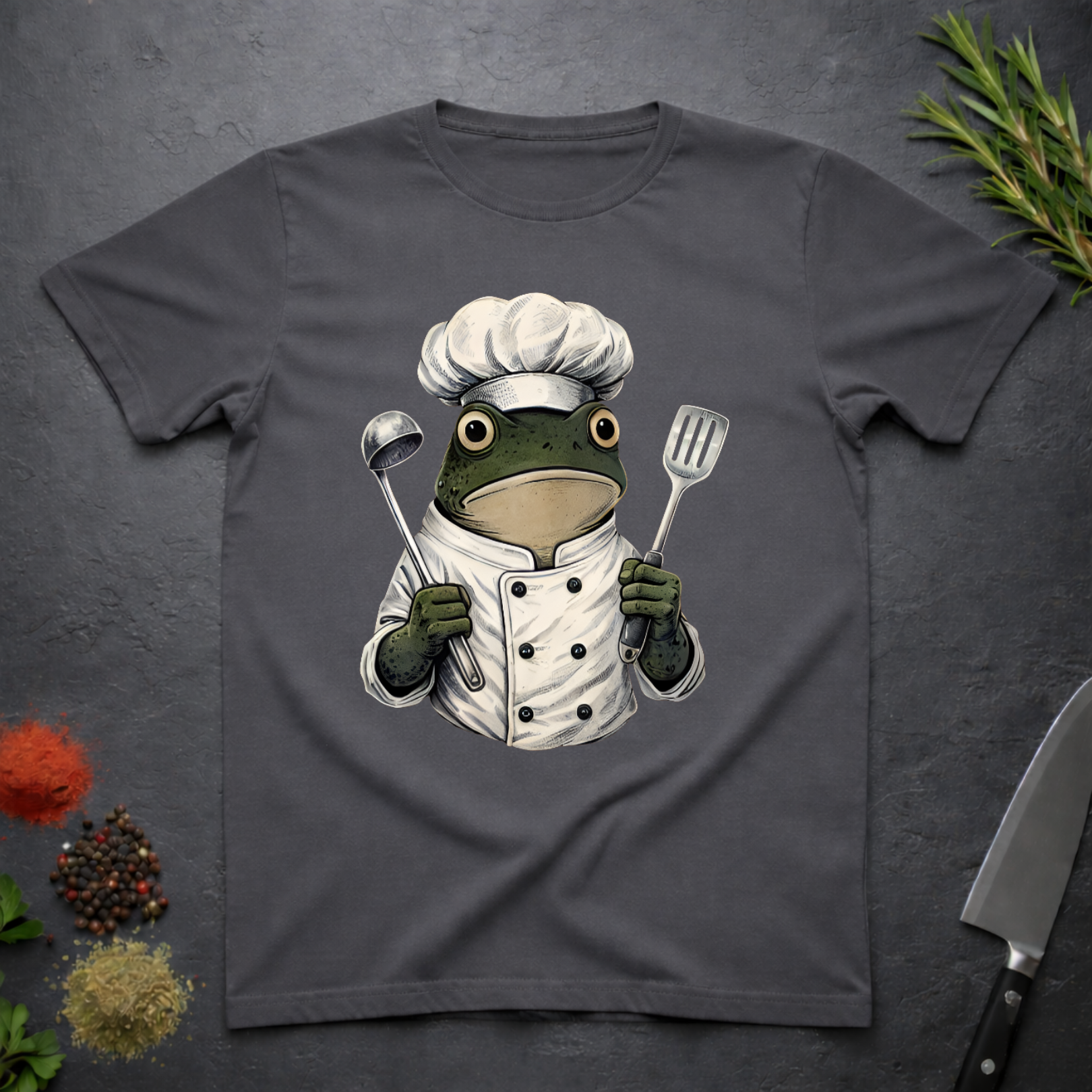 Charcoal grey t-shirt with a frog chef holding utensils design on a dark surface. 