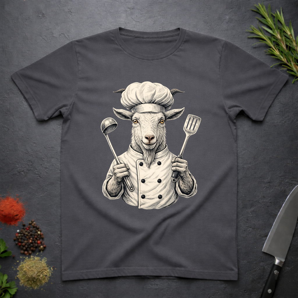 Charcoal Gray t-shirt with a graphic of a chef goat holding cooking utensils on a dark surface.