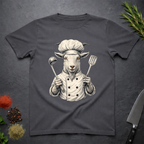 Charcoal Gray t-shirt with a graphic of a chef goat holding cooking utensils on a dark surface.