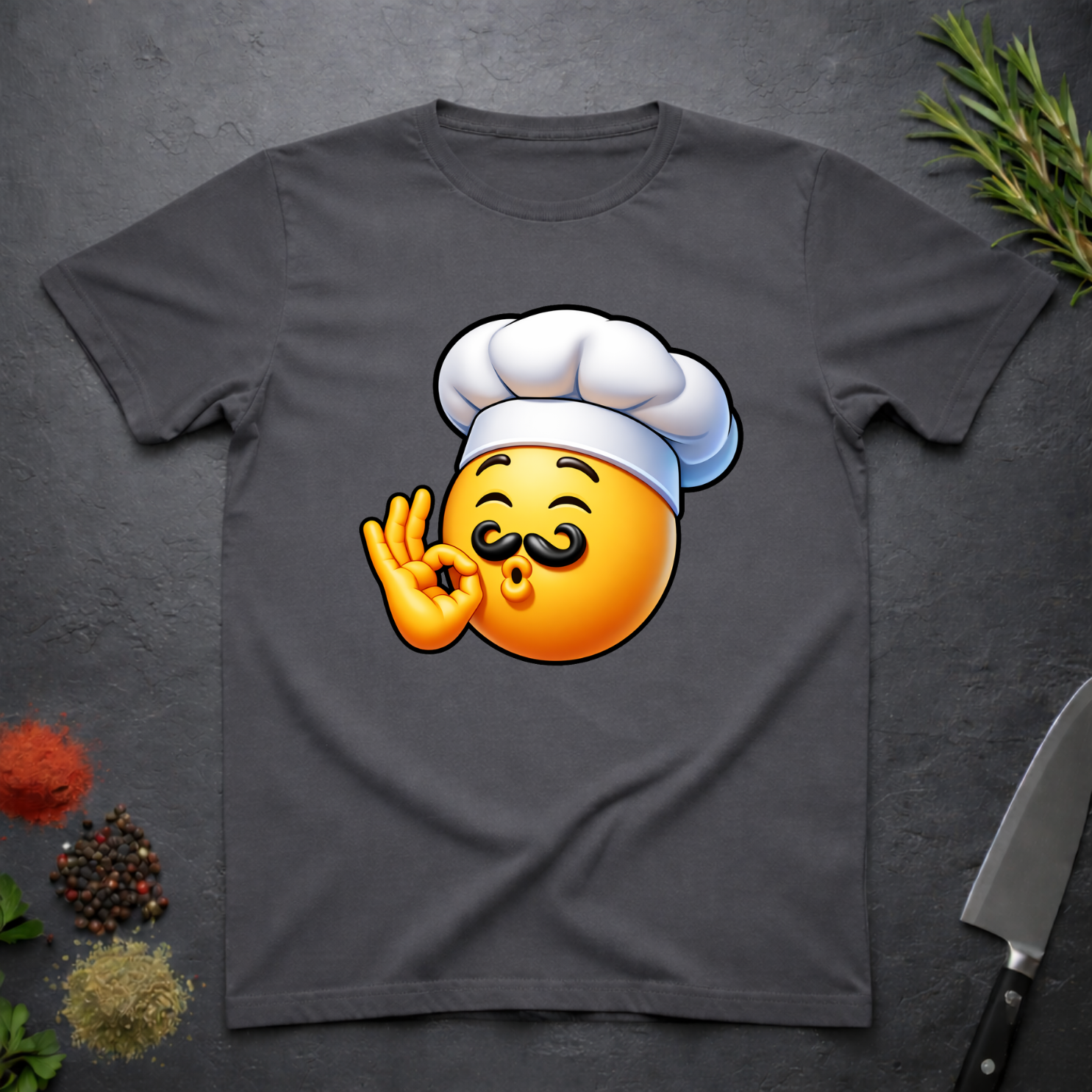Charcoal Gray t-shirt with a chef kiss emoji design on a dark surface with kitchen items.