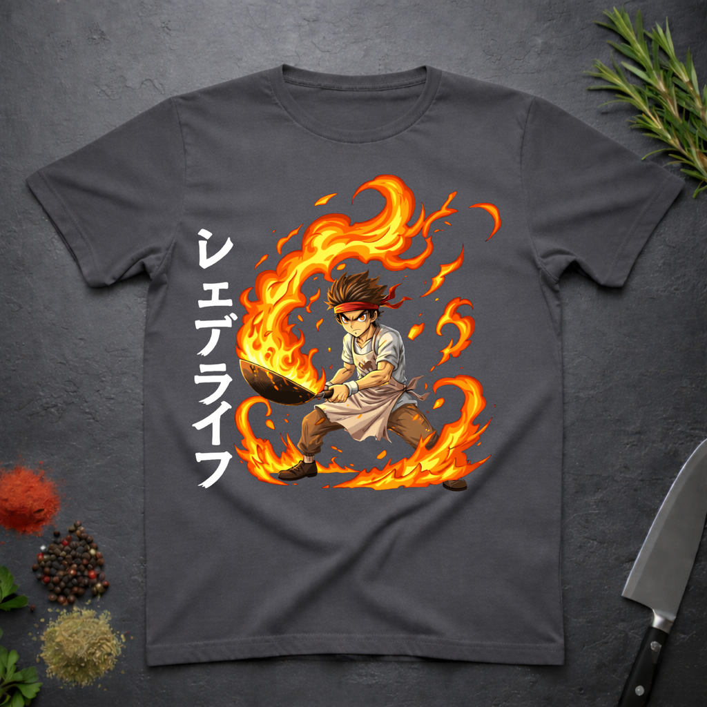Charcoal grey t-shirt with a graphic design of an anime character holding wok in flames with Japanese characters on a dark surface.