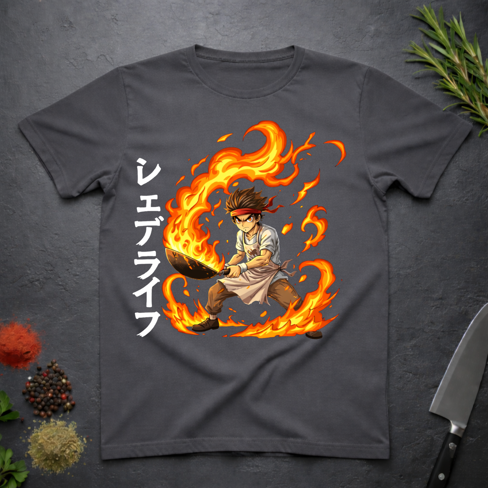 Charcoal grey t-shirt with a graphic design of an anime character holding wok in flames with Japanese characters on a dark surface.