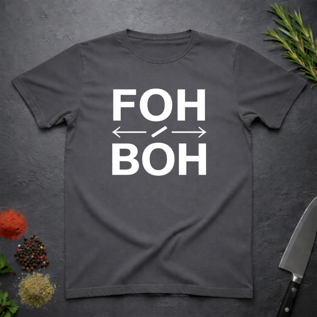 Charcoal Gray t-shirt with 'FOH / BOH' text on a dark surface with decorative elements.