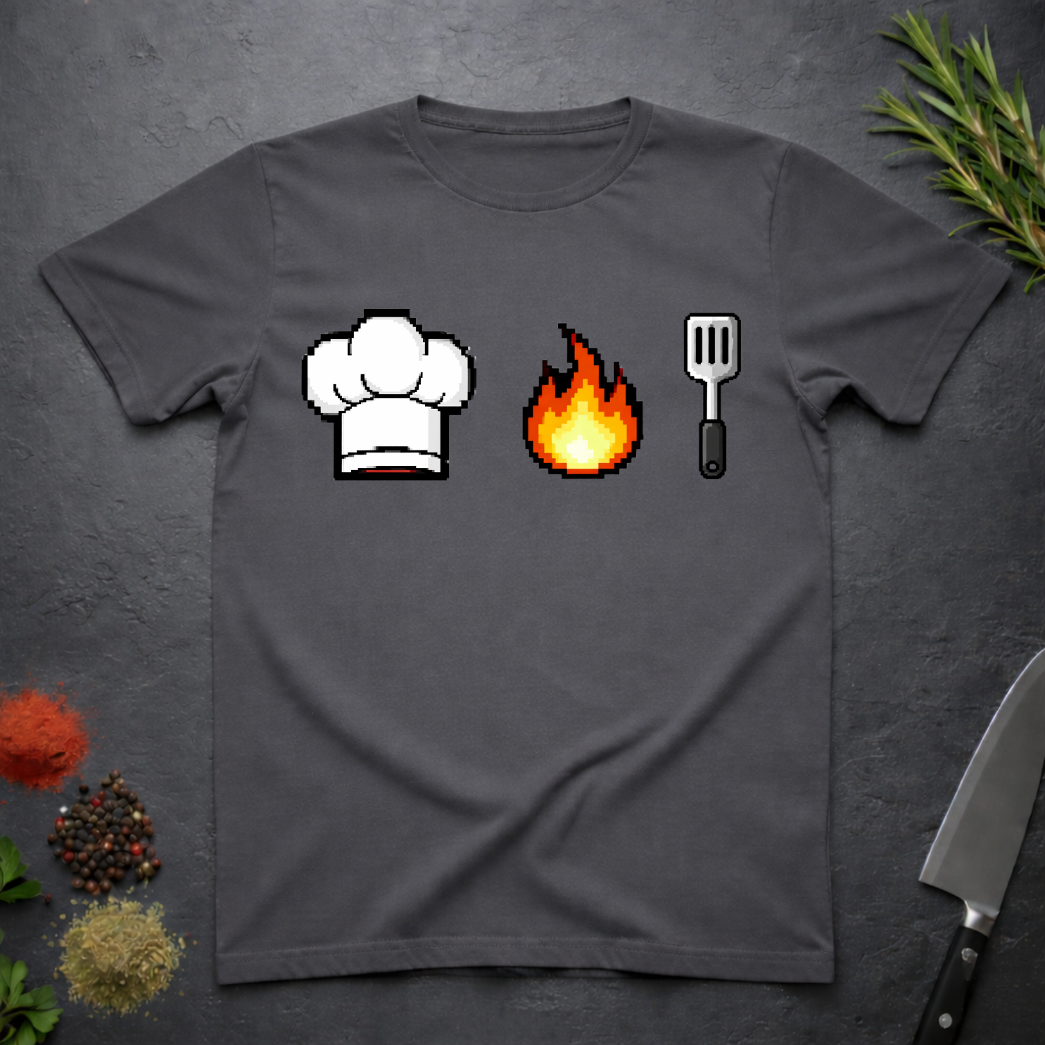 Charcoal Gray t-shirt with pixelated chef hat, flame, and spatula design on a dark surface.
