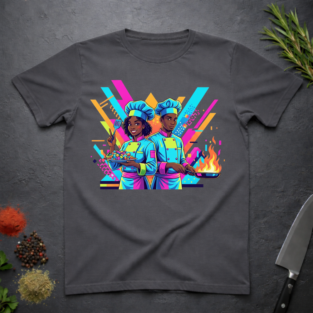 Charcoal grey t-shirt with neon 90s retro illustration of two African American chefs cooking against a vibrant, geometric background, on a dark surface.