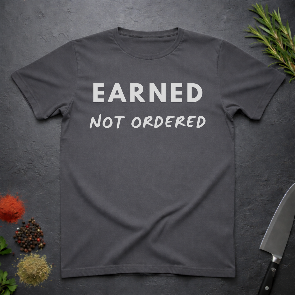 Charcoal Gray t-shirt with 'Earned Not Ordered' text on a dark surface with decorative elements.