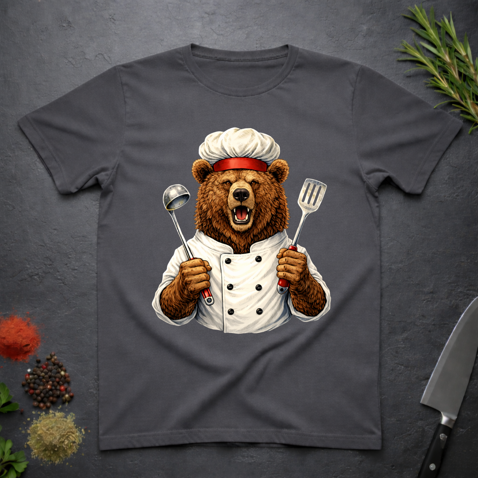 Charcoal grey t-shirt with a grizzly bear chef holding utensils design on a dark surface.