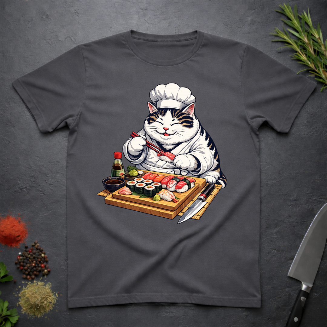 Charcoal grey t-shirt with a cat chef graphic rand sushi board on a dark surface.