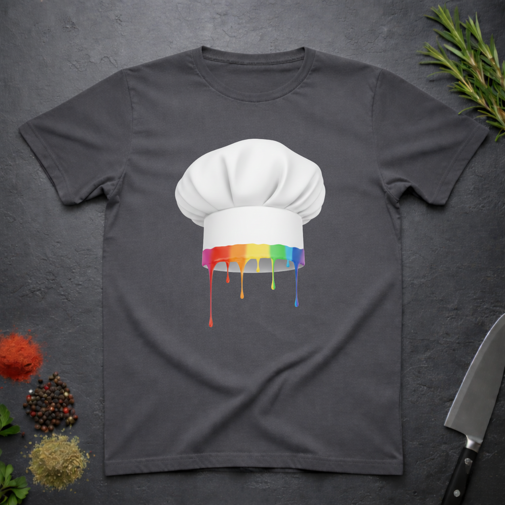 Charcoal Gray t-shirt with a chef's hat graphic featuring dripping rainbow colors on a dark surface.
