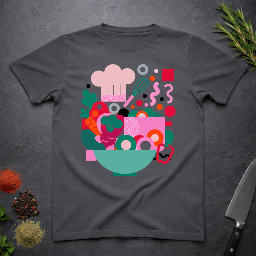 Charcoal grey t-shirt with colorful modern abstract kitchen-themed graphic on a dark surface.