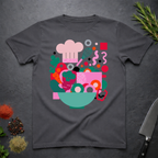 Charcoal grey t-shirt with colorful modern abstract kitchen-themed graphic on a dark surface.