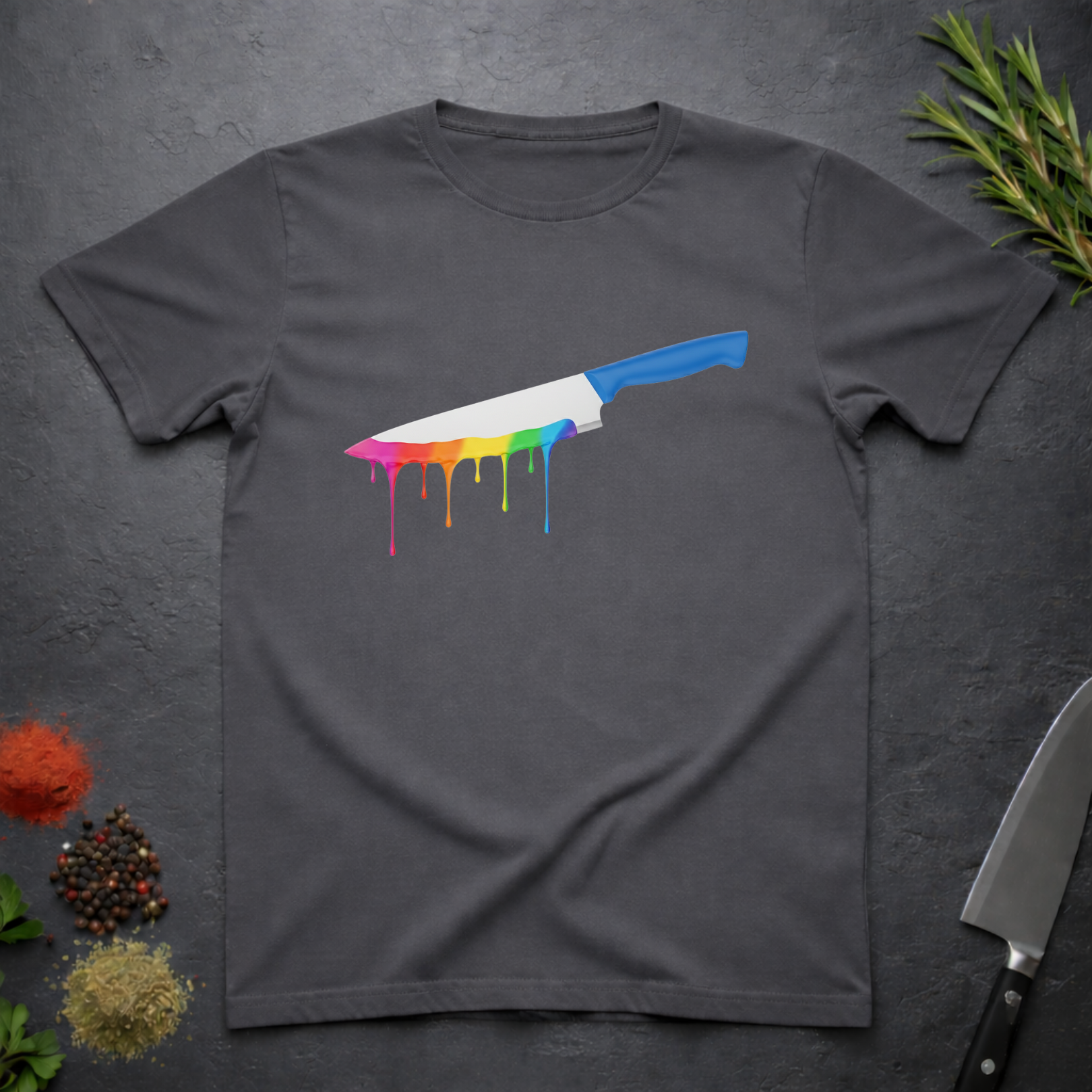Charcoal grey t-shirt with a chef's knife with rainbow colored drip design on a dark surface.