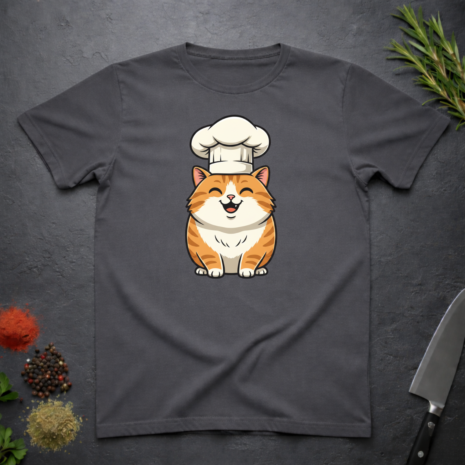 Charcoal grey t-shirt with an orange cartoon cat wearing a chef's hat on a dark surface.