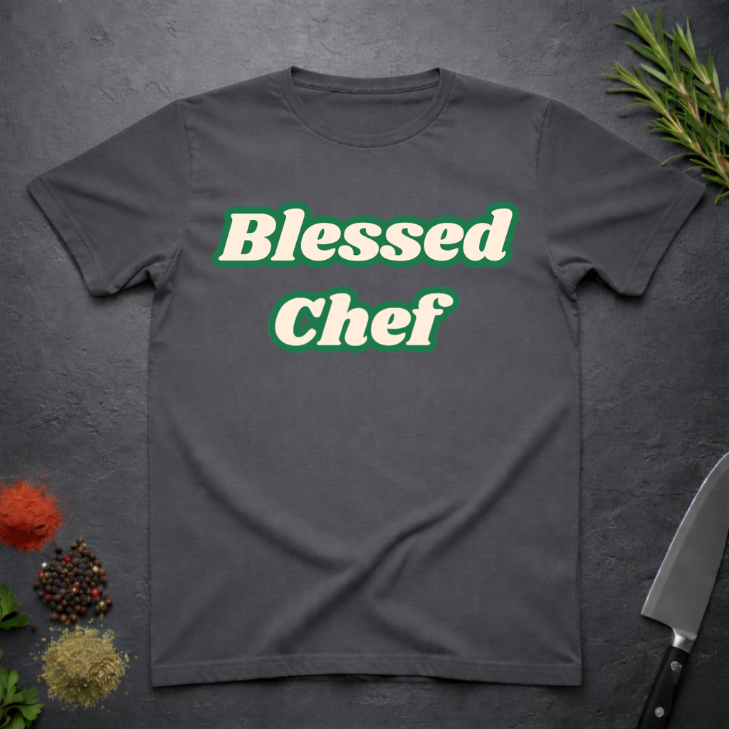 Charcoal grey t-shirt with 'Blessed Chef' text on a dark surface with kitchen items.