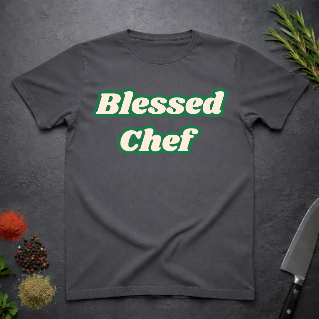 Charcoal grey t-shirt with 'Blessed Chef' text on a dark surface with kitchen items.