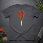Charcoal grey t-shirt with a design of a whisk and roses as a bouquet on a dark surface.