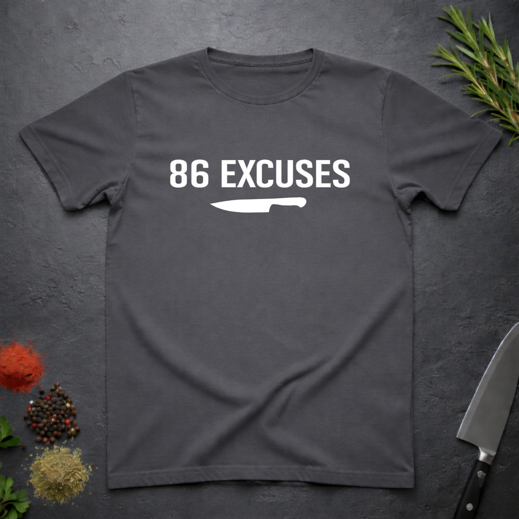 Charcoal Gray t-shirt with '86 Excuses' and a knife graphic on a dark surface.