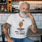 Man sitting in a bar wearing a t-shirt with a beer graphic and text.