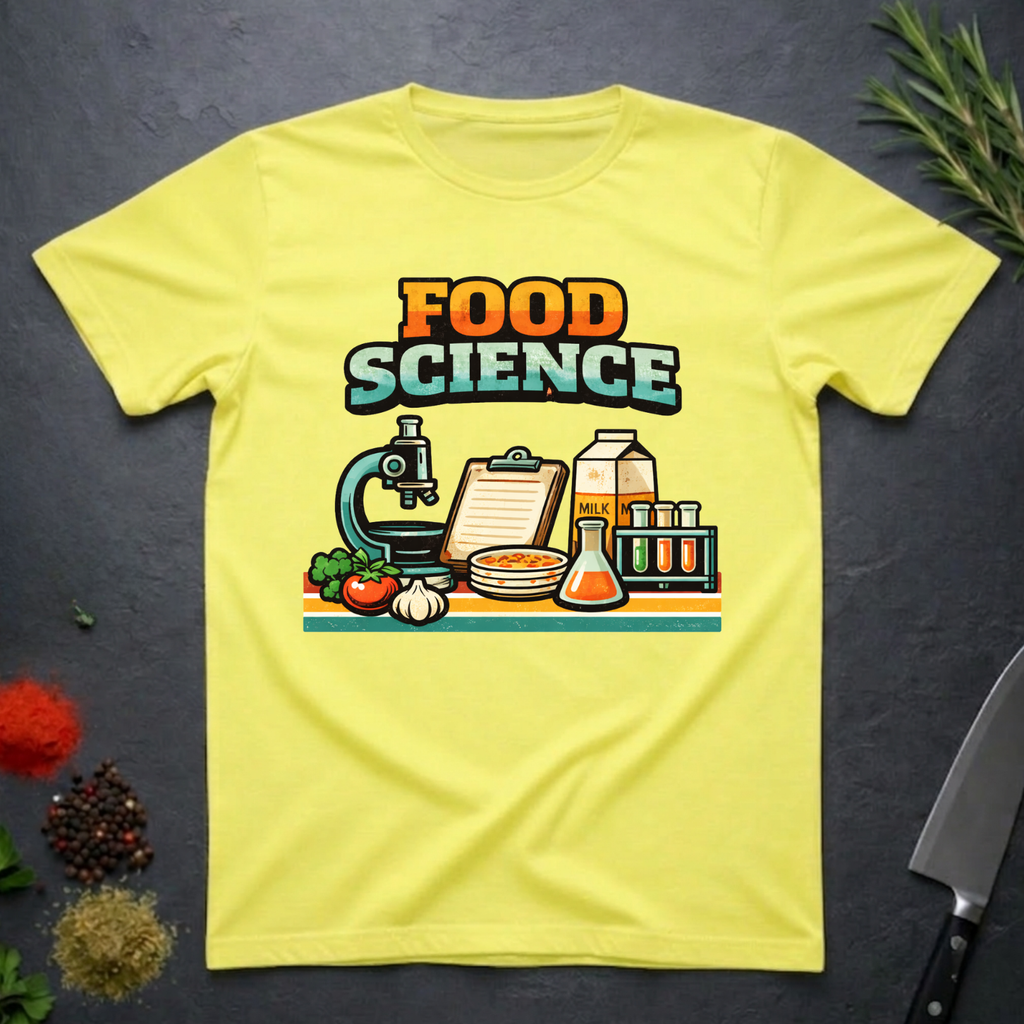 Cornsilk Yellow t-shirt with 'Food Science' graphic design on a dark surface.