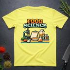 Cornsilk Yellow t-shirt with 'Food Science' graphic design on a dark surface.