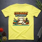 Cornsilk Yellow t-shirt with 'Culinary Student' graphic on a dark surface with kitchen items.