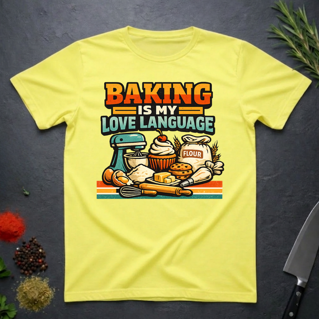 Cornsilk Yellow t-shirt with baking-themed graphic and text "Baking is My Love Language" on a dark surface.