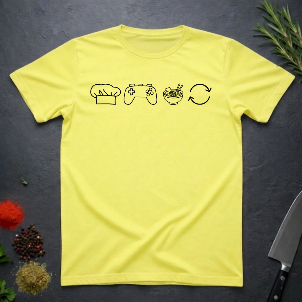 Cornsilk yellow t-shirt with black icons of chef hat, game remote, ramen bowl and repeat symbol on a dark surface.