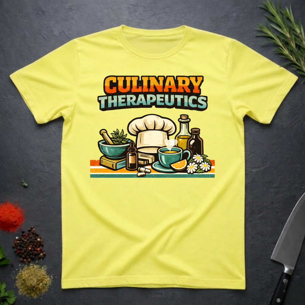 Cornsilk Yellow t-shirt with 'Culinary Therapeutics' graphic on a dark surface with kitchen items.