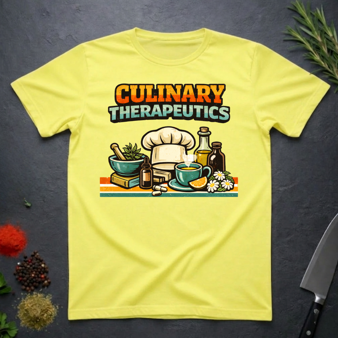 Cornsilk Yellow t-shirt with 'Culinary Therapeutics' graphic on a dark surface with kitchen items.