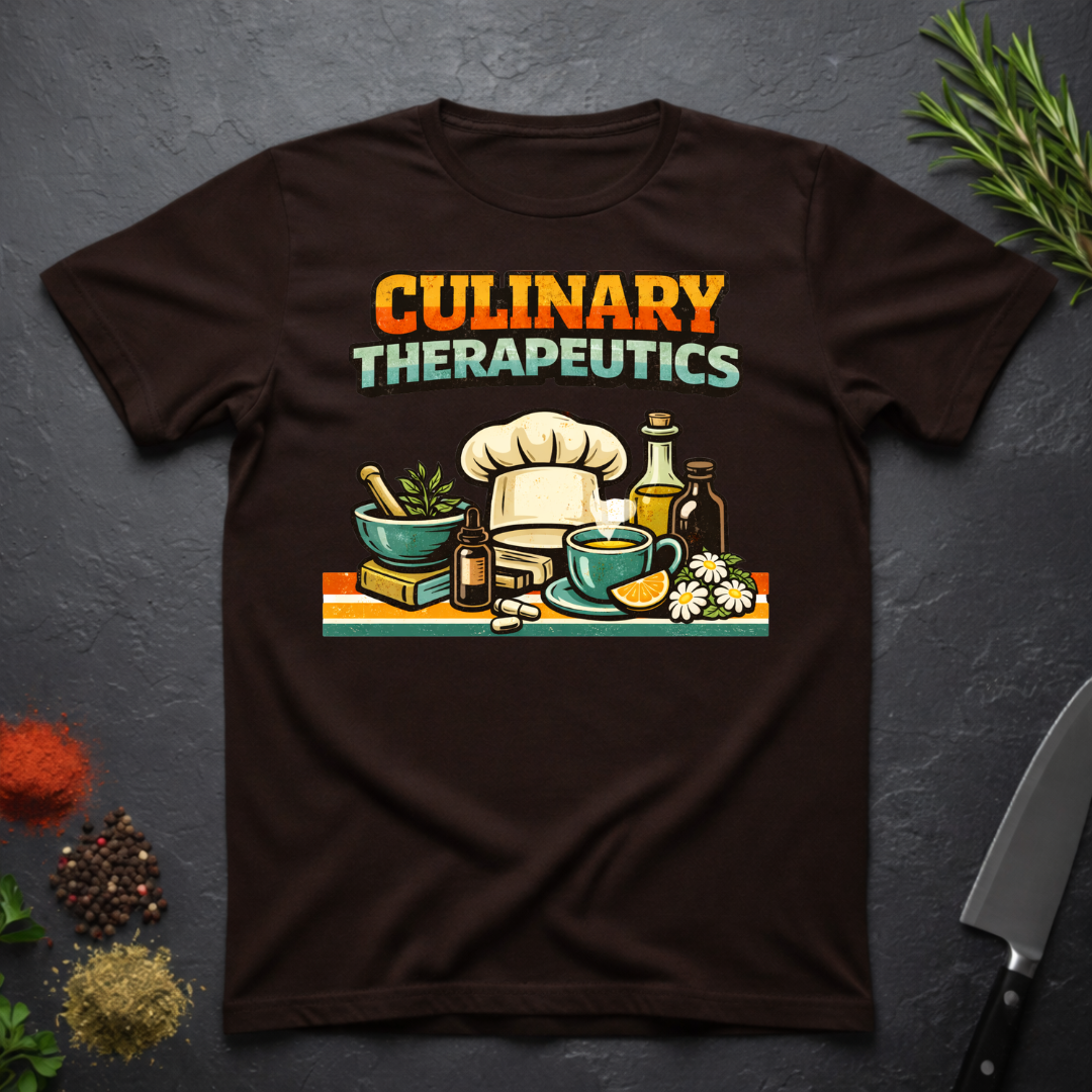 Chocolate Brown t-shirt with 'Culinary Therapeutics' graphic on a dark surface with kitchen items.