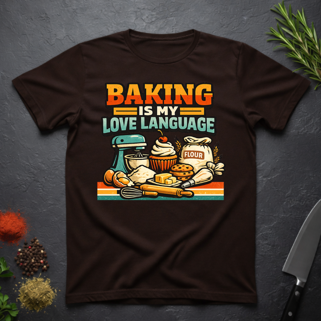 Chocolate brown t-shirt with baking-themed graphic and text "Baking is My Love Language" on a dark surface.